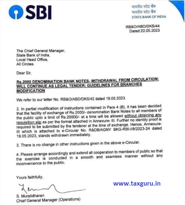 Rs. 2000 bank note exchange allowed without requisition slip & ID Proof: SBI