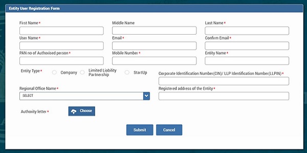 Entity User Registration Form