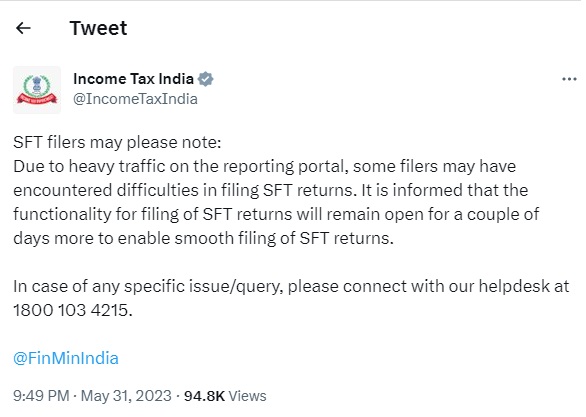 Notice to SFT Filers- Extended Filing Period