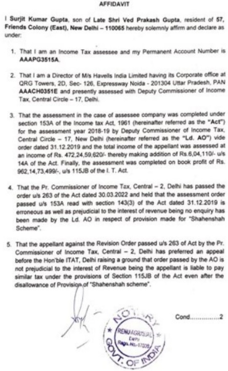 The contents of affidavit filed by the assessee-company is reproduced here under