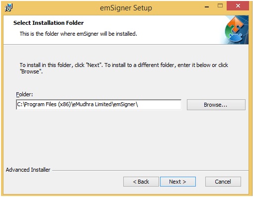 To install the emSigner in the default folder created under Program Files