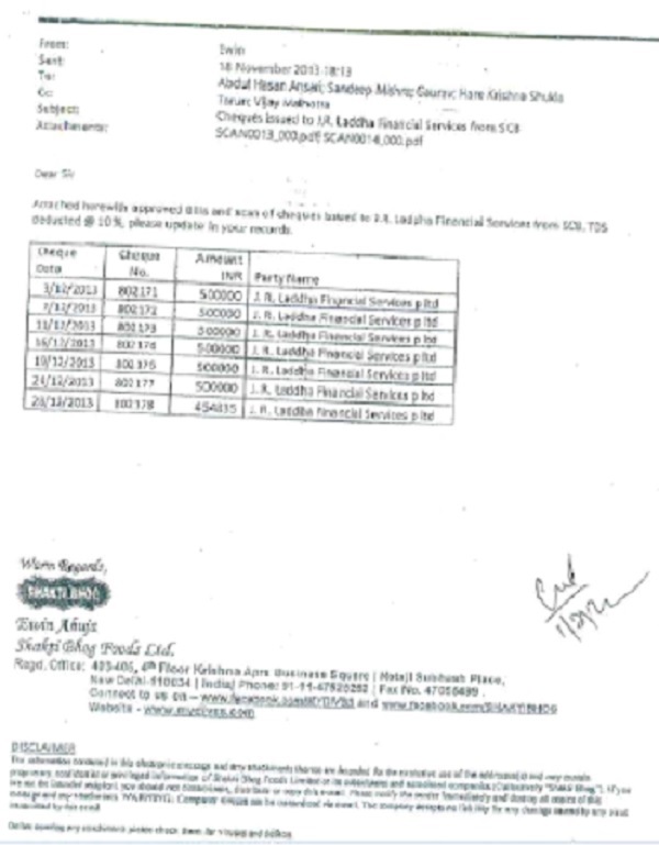 cheques issued to J.R. Ladha Financial Services