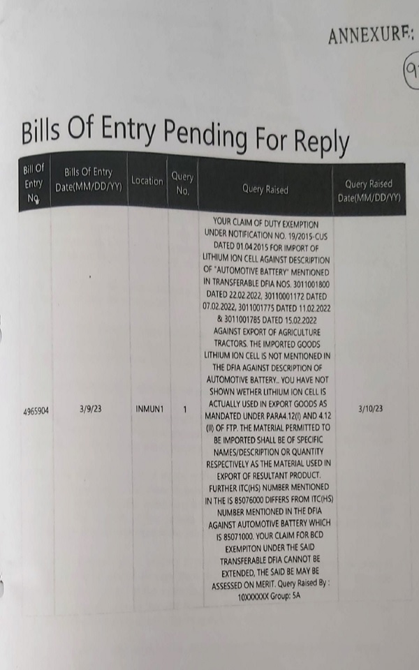 pendency of bills of entry for assessment