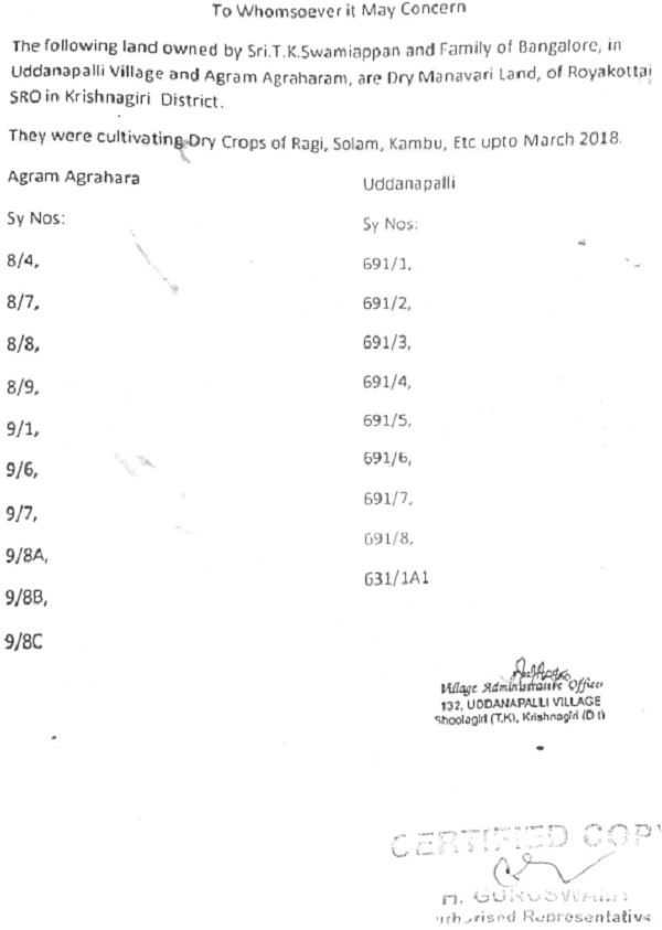 certificate furnished from revenue authorities