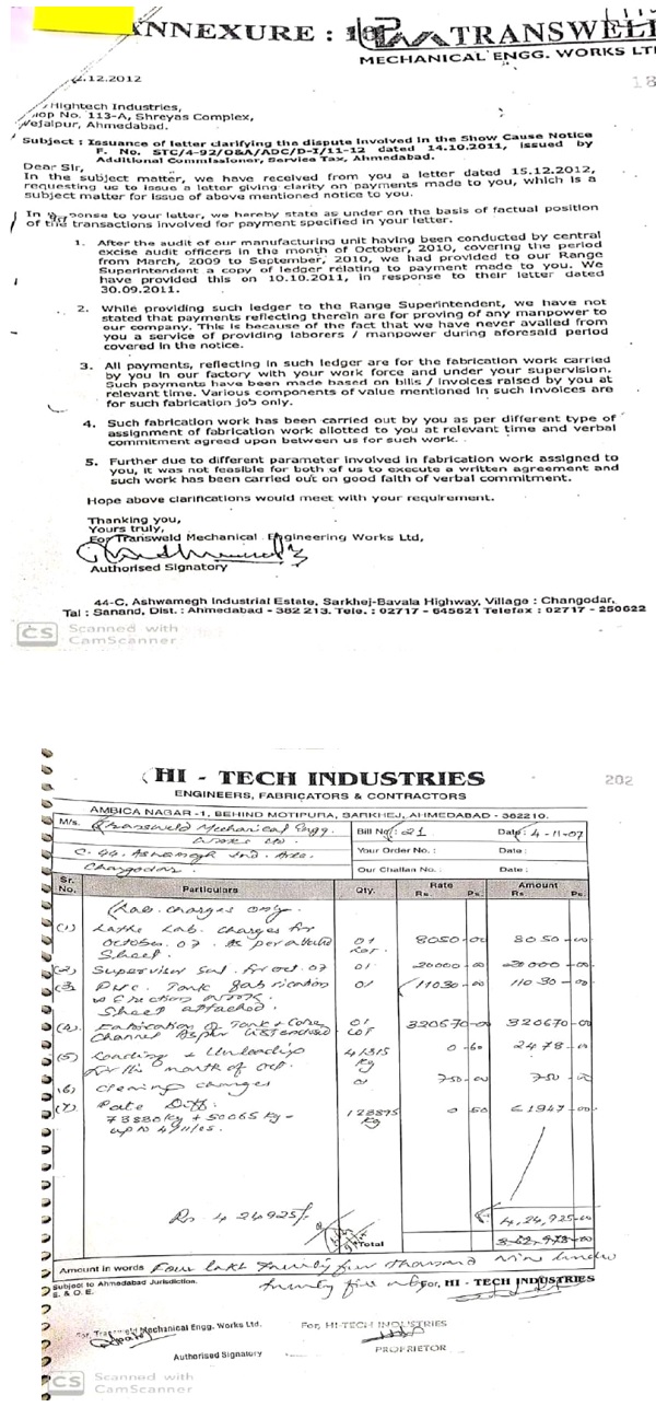 the invoices and letter of service recipient are scanned below