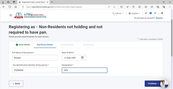 Insert the details of Key Person – Name, Date of Birth, Tax identification number and designation