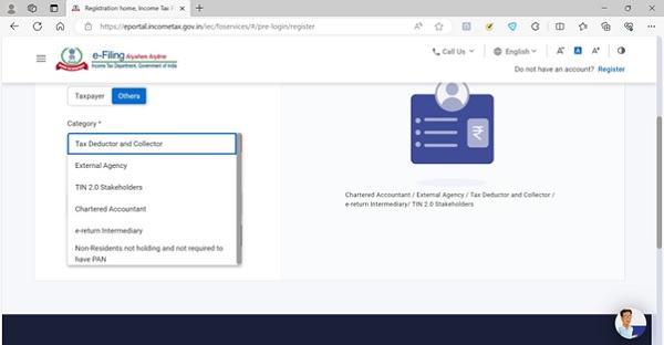 Select Others and then select the option ‘Non-residents not holding and not required to have PAN’ from the drop down