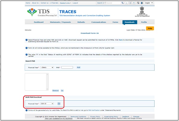 Select the Financial Year, enter PAN