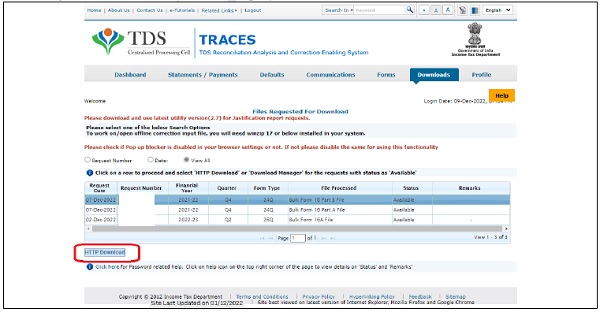 Select the row and click on ‘HTTP download