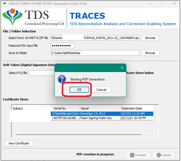 browse the Form 16-PARTB Zip file and affix the DSC to sign the certificates digitally