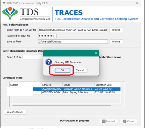 browse the form 16A Zip file and affix the DSC to sign the certificates digitally