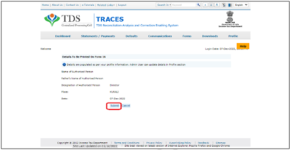 details to be printed on Form 16