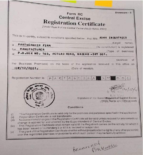 the registration certificate which is reproduced below