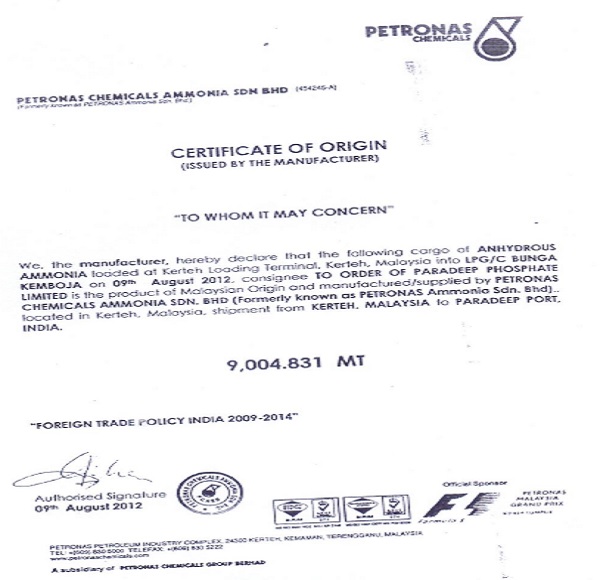 Certificate of Origin