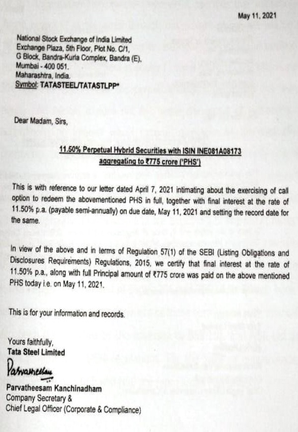 the intimation given to BSE and NSE are reproduced