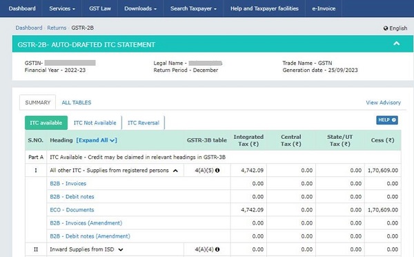 Auto- drafted ITC Statement for the month GSTR 2B