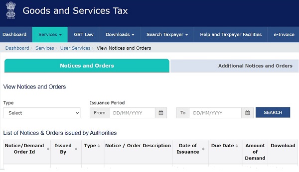 View GST Notices and orders