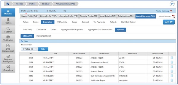 Viewing the Verification Report in Respective PAN in Profile views
