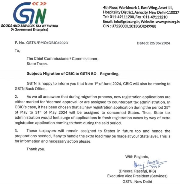 Migration of CBIC to GSTN BO-Regarding