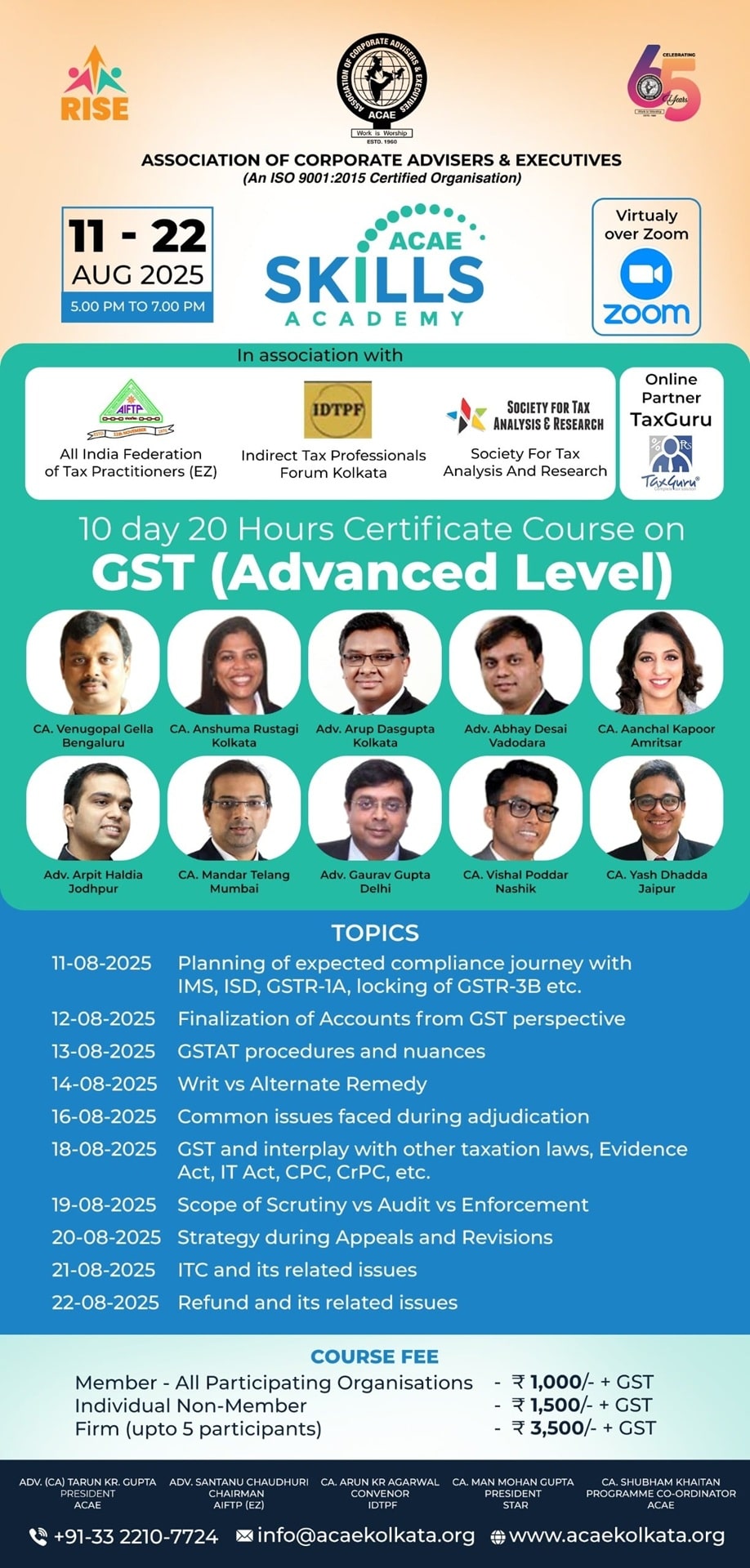 10 days 20 Hours Certificate Course on GST (Advanced Level) from 11th August
