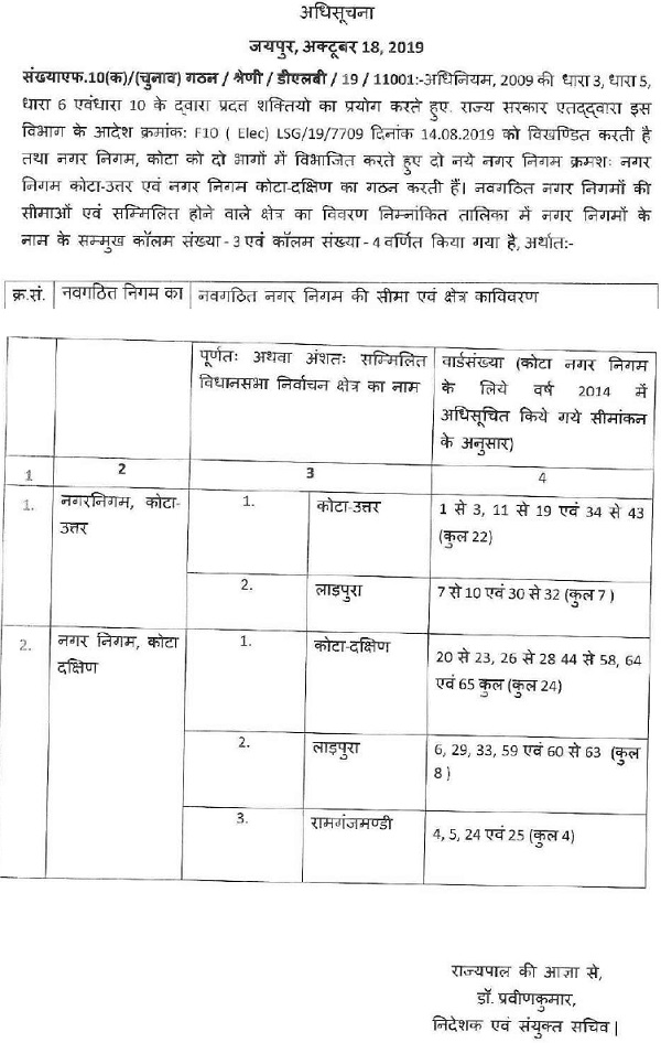 Notification of Department of Local Body Government