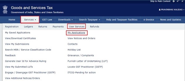 Dashboard > Services > User Services > My Applications