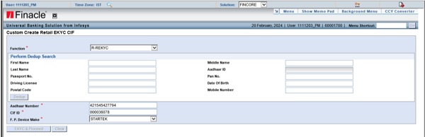 Finacle and select REKYC from function tab