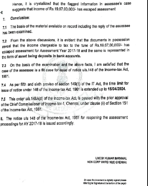 Last page of Section 148A notice