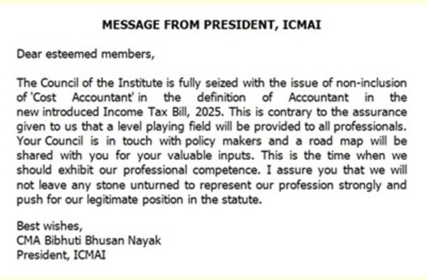 ICMAI on Non-inclusion of 'Cost Accountant' in Income Tax Bill 2025