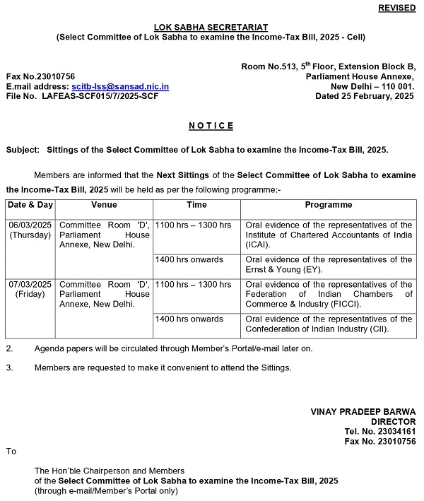 Sittings of the Select Committee of Lok Sabha to examine the Income-Tax Bill, 2025