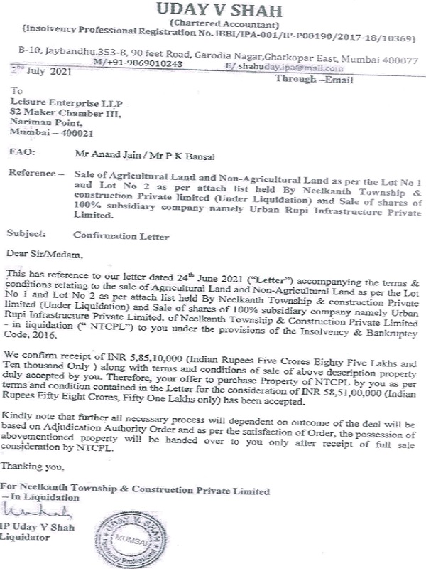 Liquidator had issued confirmation letter