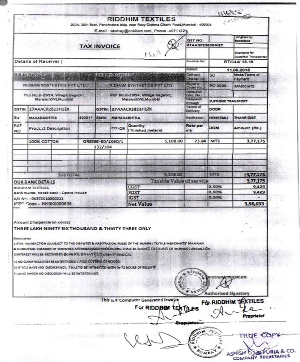 invoice according to which the material was inferior quality