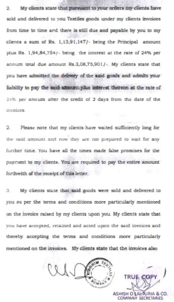 the Respondent to above demand notice