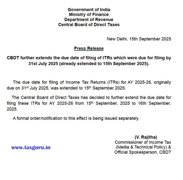Due date for filing of Income Tax Returns extend to 16th September 2025