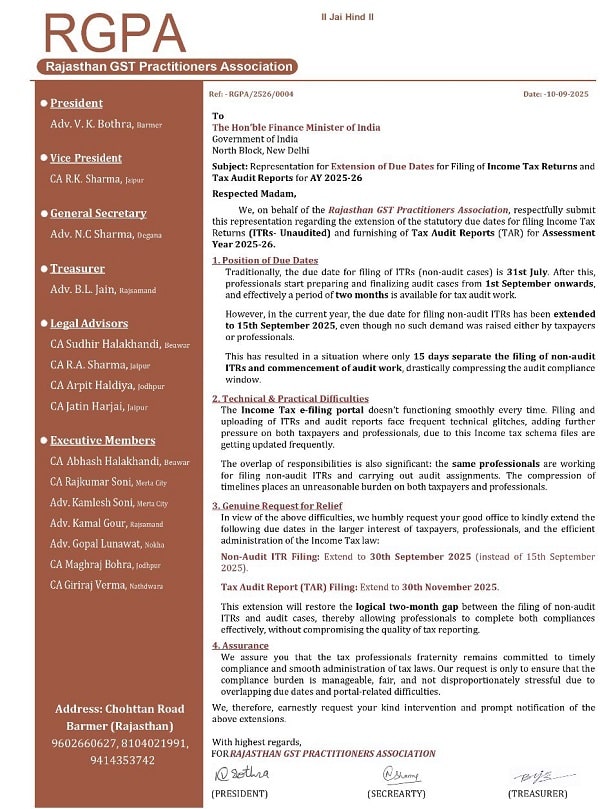 RGPA Seeks Extension of ITR and Audit Deadlines