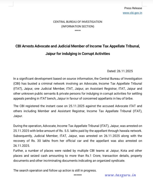 CBI Arrests ITAT Jaipur Member and Advocate for Corruption