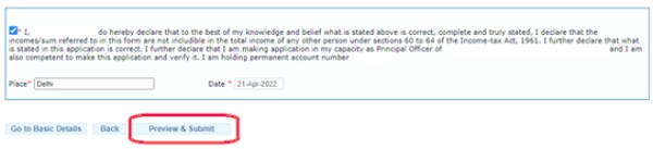Fill the declaration and click preview and submit