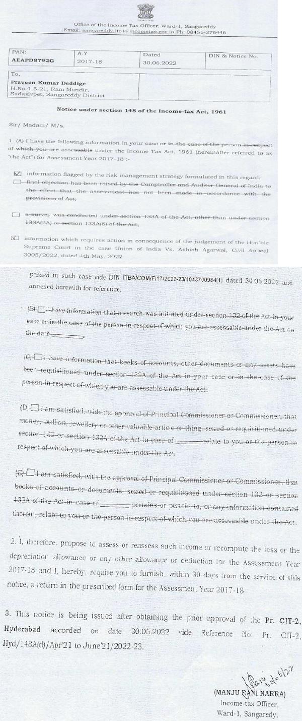 The Assessing Officer has issued notice u-sec.148 of the Act dated 30.06.2022 as under