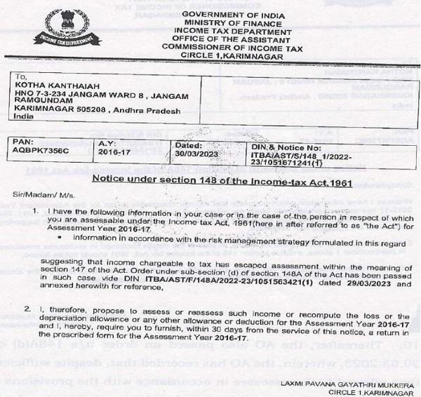 notice u-s 148 was issued on 30.03.2023 as under