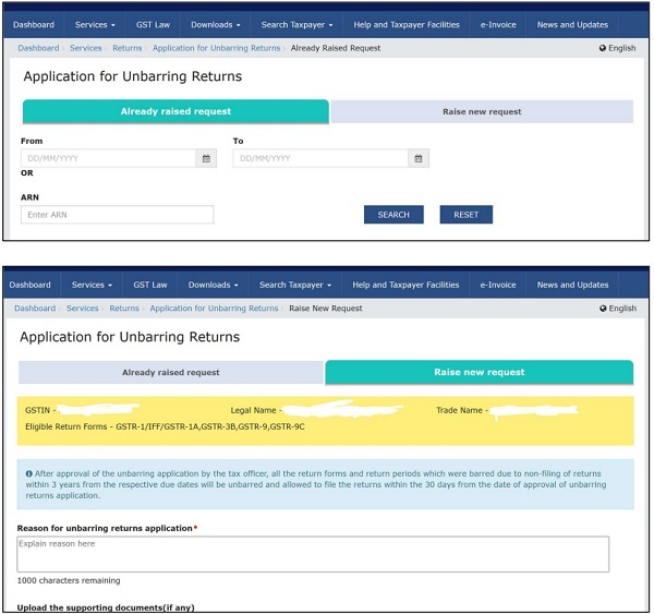 Applicationm for unbarring returns