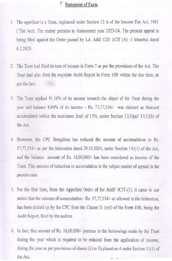 Statement of facts submitted by the appellant assessee is reproduced