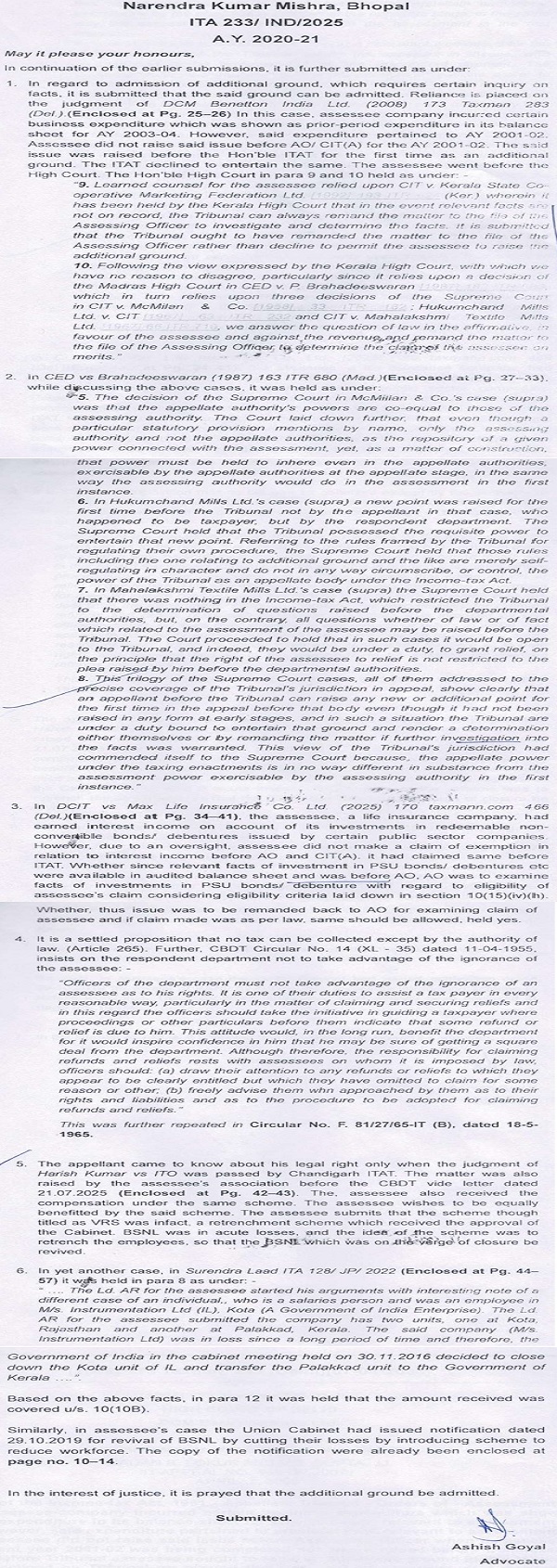 Submission in continuation to his earlier Synopsis