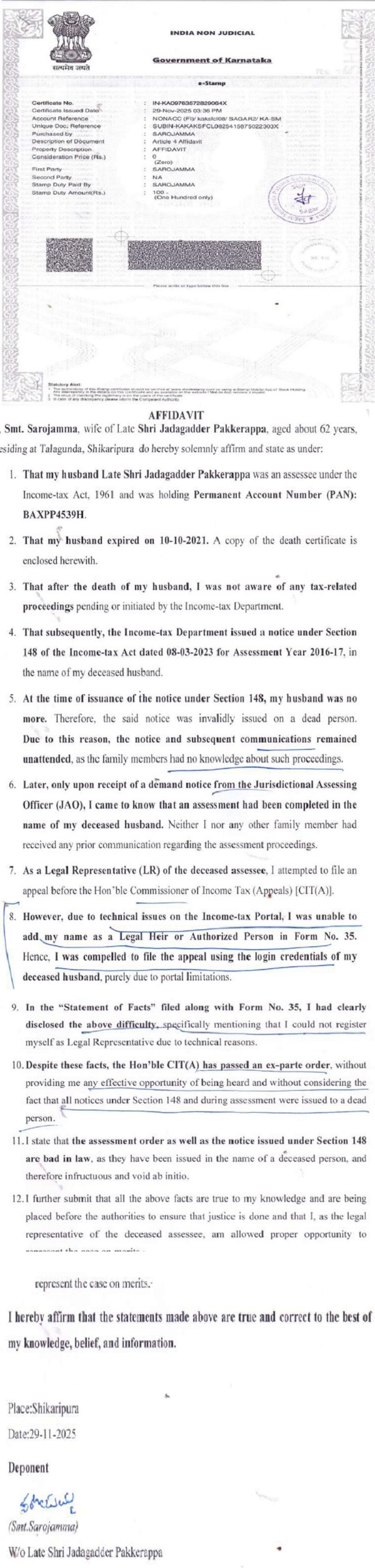 The affidavit filed by the legal heir