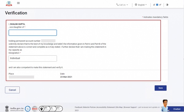 On this page, the taxpayer is required to provide a self-declaration