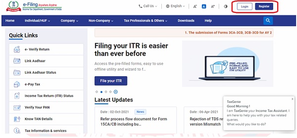 Step 1- Log in to the Income-tax e-filing website at