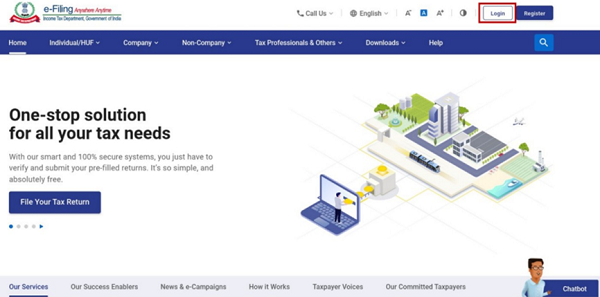 Step 1 -Visit httpswww.incometax.gov.iniecfoportal and log in to the e-Filing portal using your user ID and password.