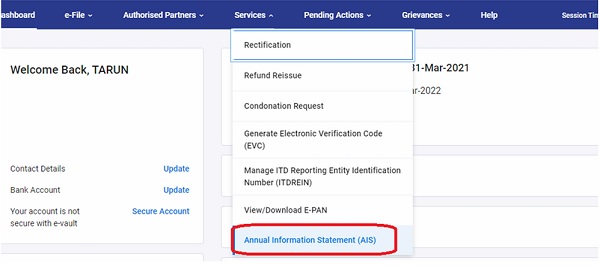 Step 2- After login, click on Services Annual Information Statement (AIS)