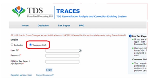 Step 2- Login as a 'Taxpayer'