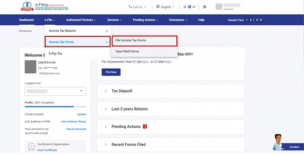 Step 2-On your Dashboard click e-File - Income Tax Forms - File Income Tax Forms.