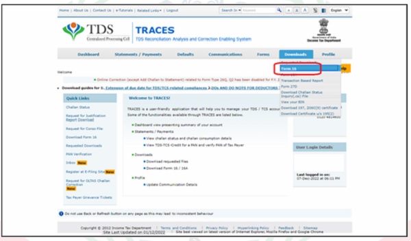 Step 3- Go to Downloads Form 16.